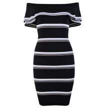 Herve Leger Bandage Dress Off Shoulder Flouncing Jacquared Stripped Black