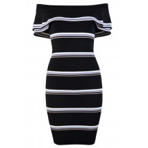 Herve Leger Bandage Dress Off Shoulder Flouncing Jacquared Stripped Black