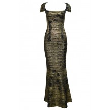 Herve Leger Bandage Dresses Long Gown Metallic Black Golden V Neck