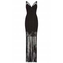 Herve Leger Black Nadia Lattice Draped Fringe Dress