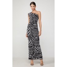 Herve Leger Metallic One Shoulder Zebra Gown