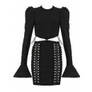 Black Flare Long Sleeve Hollow Out Bandage Dress