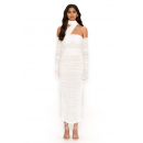 Elegant One-Shoulder Design White Ruched Midi Dress