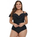 Plus Size Black Flounces Crossed Halter One-Piece Swimsuit