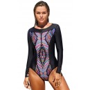 Retro Print Long Sleeve One-Piece Swimsuit