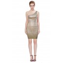 Herve Leger Bandage Dresses Sequin One Shoulder Backless Gold