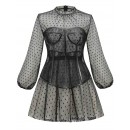 Black Polka Dot Mesh Two-Piece Suit Waist Puff Sleeve Dress