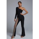 Women's One Shoulder Long Sleeve Black Sexy Hollow Bandage Jumpsuit