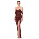 Brown Off Shoulder Women Summer Mesh Ruched Bandage Dress