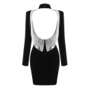 Backless Rhinestone Fringe Long Sleeve High Neck Velvet Black Mini Dress