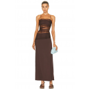 Elegant Brown Mesh Panel Maxi Spaghetti Strap Dress
