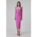 Pink Shoulder Pad Elegant Midi Dress