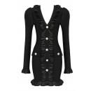 Black V-Neck Long Sleeve Button Ruffled Mini Bandage Dress