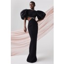 Crystal-Embellished Crepe Maxi Dress With Organza Puff-Sleeves