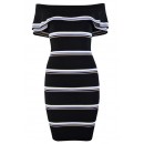 Herve Leger Bandage Dress Off Shoulder Flouncing Jacquared Stripped Black