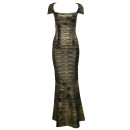 Herve Leger Bandage Dresses Long Gown Metallic Black Golden V Neck
