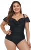 Plus Size Black Flounces Crossed Halter One-Piece Swimsuit