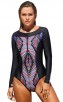 Retro Print Long Sleeve One-Piece Swimsuit