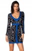 Herve Leger Bandage Dress Long Sleeve V Neck Leopard Black Blue