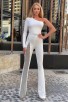 White Women's One Shoulder Long Sleeve Sexy Hollow Bandage Jumpsuit