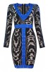 Herve Leger Bandage Dress Long Sleeve V Neck Leopard Black Blue