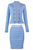 Herve Leger Bandage Dress Long Sleeve Jacket Two Piece Jacquard Button Blue