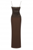 Elegant Brown Mesh Panel Maxi Spaghetti Strap Dress