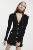 Black V-Neck Long Sleeve Button Ruffled Mini Bandage Dress