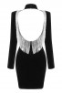 Backless Rhinestone Fringe Long Sleeve High Neck Velvet Black Mini Dress