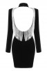 Backless Rhinestone Fringe Long Sleeve High Neck Velvet Black Mini Dress