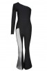 Women's One Shoulder Long Sleeve Black Sexy Hollow Bandage Jumpsuit