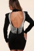 Backless Rhinestone Fringe Long Sleeve High Neck Velvet Black Mini Dress