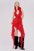 Red Asymmetric Ruffled Halter Dress