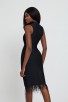 Black Sleeveless Slit Waist Fringed Dress
