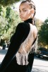 Backless Rhinestone Fringe Long Sleeve High Neck Velvet Black Mini Dress