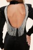 Backless Rhinestone Fringe Long Sleeve High Neck Velvet Black Mini Dress