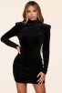 Backless Rhinestone Fringe Long Sleeve High Neck Velvet Black Mini Dress