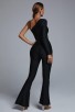 Women's One Shoulder Long Sleeve Black Sexy Hollow Bandage Jumpsuit