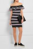 Herve Leger Bandage Dress Off Shoulder Flouncing Jacquared Stripped Black