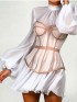 Ladies’ Fashion And Elegant Perspective Two-Piece Suit Waist Puff Sleeve White Dress